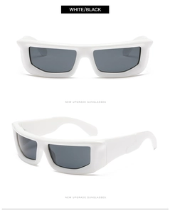 Detail view of stylish white rectangular sunglasses with black UV lenses for women