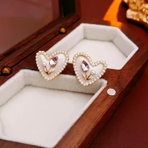 Orecchini A Cuore Lega Perla Artificial Con Silver Earring Post Vintage Tulipano Dolce Per Donne Elegante