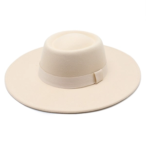 Classic cream wool felt boater hat with a wide brim and matching decorative ribbon band