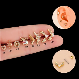 Cartilage Stud Earring Copper Zircon Stainless Steel Screw Back Heart Crown Wing Piercing Jewelry For Women