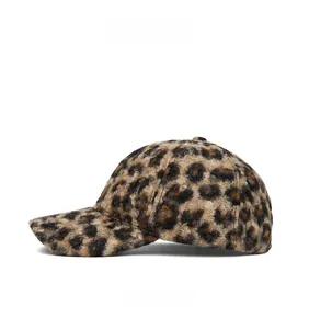 Side view of leopard print plush baseball cap for women with warm faux fur texture