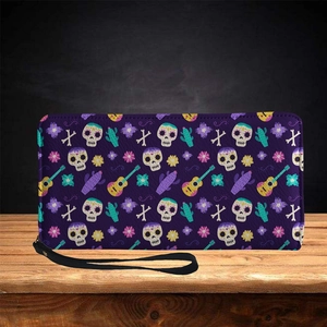 Purple sugar skull long wallet with cactus and flower patterns and black wrist strap