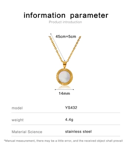 Detailed spec sheet for stainless steel shell necklace showing size 45cm and 14mm pendant