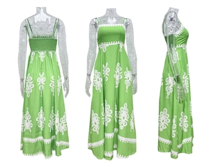 Detailed three-way view of a green bohemian floral maxi dress with backless halter design