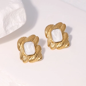 18k gold plated stainless steel stud earrings with square white marble stone inlay