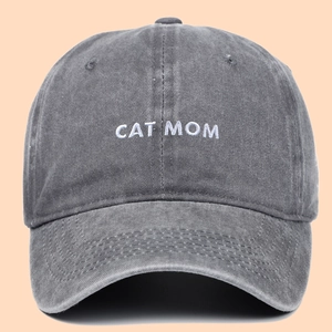 Dunkelgraue Baseballkappe aus gewaschener Baumwolle mit CAT MOM Stickerei für Damen