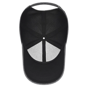 Inside view of black baseball cap with six-panel stitching and reinforced front panel