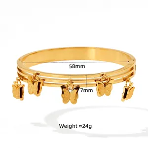 Triple-layer golden stainless steel bracelet with five frosted butterfly charms and clasp