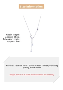 Detail of titanium moon necklace with stars, pearls, and zircons on a silver chain