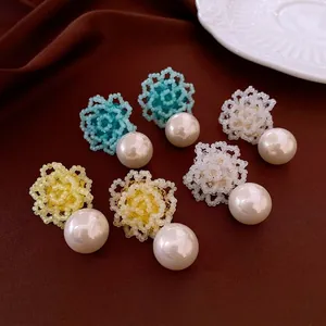 Flower Artificial Pearl Drop Earrings With Silver Earring Post Handmade Beaded Copper Retro Elegant Floral Jewelry For Women
