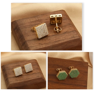 18k gold plated geometric stud earrings with square white and hexagonal green zircon stones