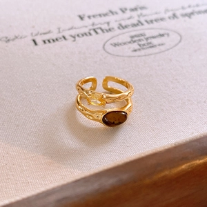 18k gold plated double layered open ring with tiger eye stone and hammered texture