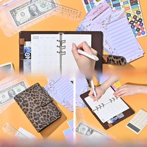 A6 leopard print budget binder set with cash envelopes, planner sheets and colorful stickers