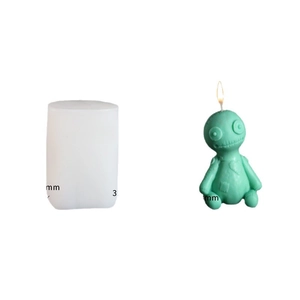 DIY silicone mold and green voodoo doll scented candle with stitched details