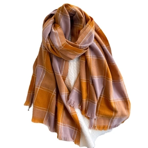 Classic orange and lavender plaid tassel scarf in soft cashmere-like fabric for winter