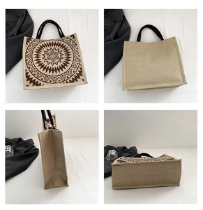 Detailed four-way view of beige linen tote bag with brown geometric patterns