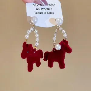 Elegant red flocked pony earrings with pearl hoop and S925 silver needle for women