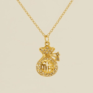 Collier en acier inoxydable plaqué or 18k avec pendentif sac de chance et strass