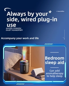 Detail of black desktop humidifier featuring RGB ambient lighting and USB power connection
