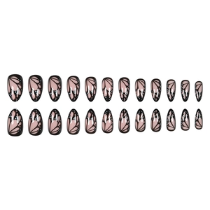 Pink almond press-on nails with black butterfly wing designs and white dots, 24pcs set