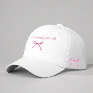 White cotton baseball cap with pink I'm literally just a girl slogan and bow embroidery