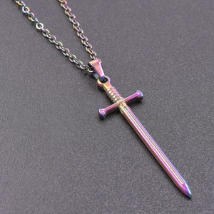 Close-up of rainbow iridescent stainless steel fencing sword pendant with cross chain link