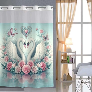 Detail of waffle shower curtain with heart swans, pink roses, and metal eyelets