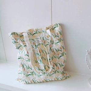 Tulpenmuster Canvas Tote Bag Große Kapazität Floral Baumwolle Schulterhandtasche Frauen Mädchen Lässig Täglich Shopping