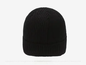 Detailed back view of a black knitted beanie with thick vertical ribbed texture