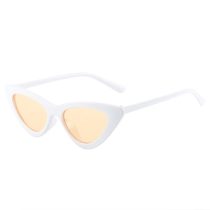 Retro triangle cat eye sunglasses with white frames and light orange lenses on white background