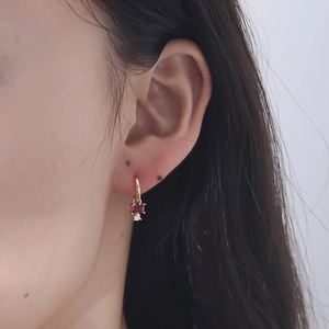 S925 silver earrings with gold hoop, red square zircon and tiny white diamond on ear