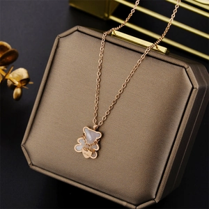 Minimalist titanium steel bear necklace with mother-of-pearl inlay in rose gold finish