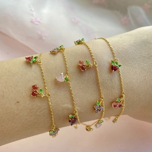Gold fruit charms bracelet with colorful zircons and adjustable chain for women