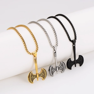 Men's double-edged battle axe pendants in gold, silver, and black on round bead chains