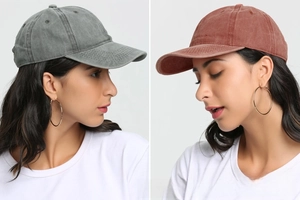 Detailed comparison of dark grey and brick red washed cotton vintage trucker caps