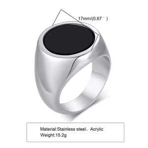 Detail view of 17mm men's stainless steel signet ring with black inlay and 15.2g weight