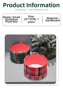 Detail view of round Christmas gift box with classic red and green plaid patterns
