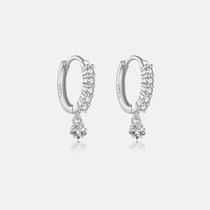 Detailed view of S925 sterling silver hoop earrings with square zircon stone pendants