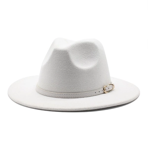 Wide Flat Brim Fedora Hat Wool Felt Vintage British Style Elegant Jazz Cap With Leather Band Gold Buckle For Men Women