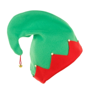 Detail of red and green felt elf hat with festive golden bells for Christmas party
