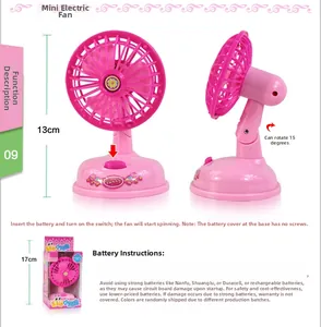 Detailed view of pink mini electric fan toy showing 15-degree rotating head and packaging