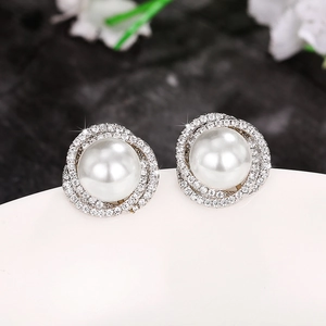 Macro shot of faux pearl earrings featuring micro-set zircon floral wrap-around design