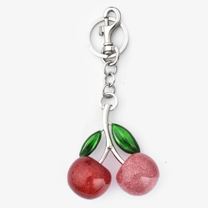Sparkling cherry keychain pendant with glitter resin and silver metal chain