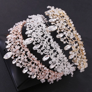 Elegant bridal crowns in rose gold, silver, and gold with crystal beads and rhinestones