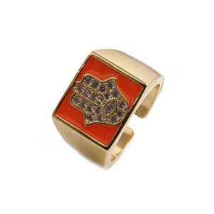 Bague ouverte Main de Fatima dorée avec émail orange et cristaux de zircon blanc