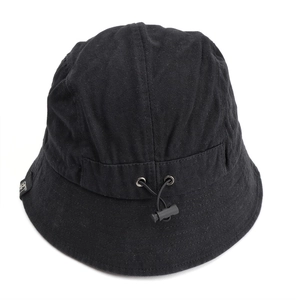 Minimalist black cotton bucket hat with adjustable drawstring and woven label detail