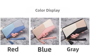 Three color variants of patchwork long wallets with wrist straps and tassel zippers