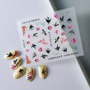 5D embossed nail art stickers featuring spring swallows, peach blossoms and willow design