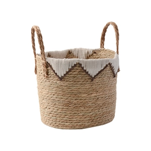 Panier de rangement nordique en jonc de mer tressé avec bordure en coton blanc et poignées