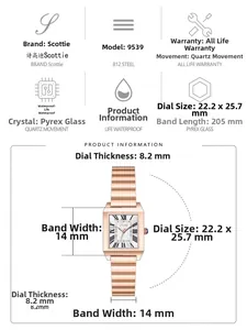 Detailed size specifications for a rectangular rose gold quartz watch with Roman numerals